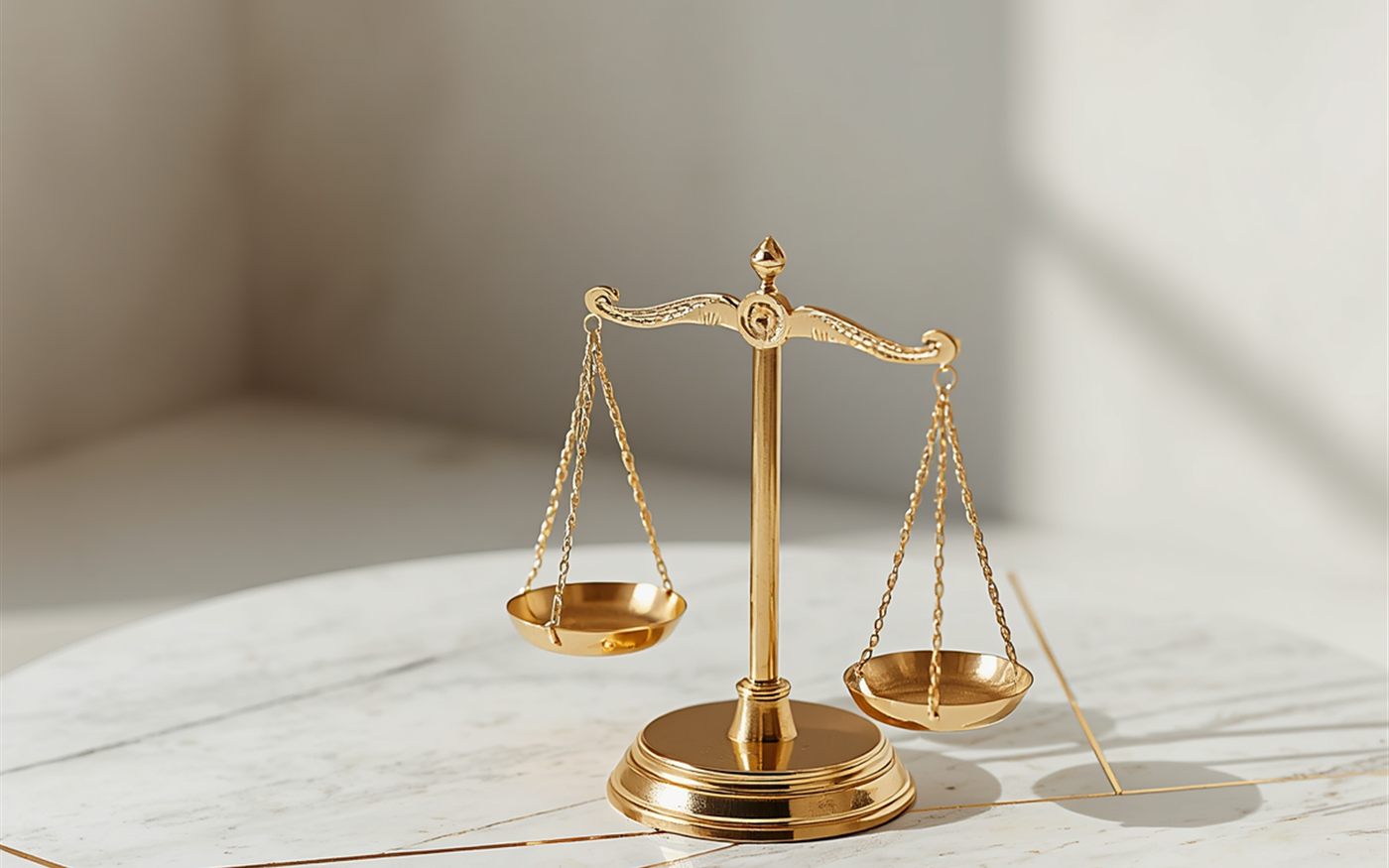 Balanza de la justicia dorada sobre mármol