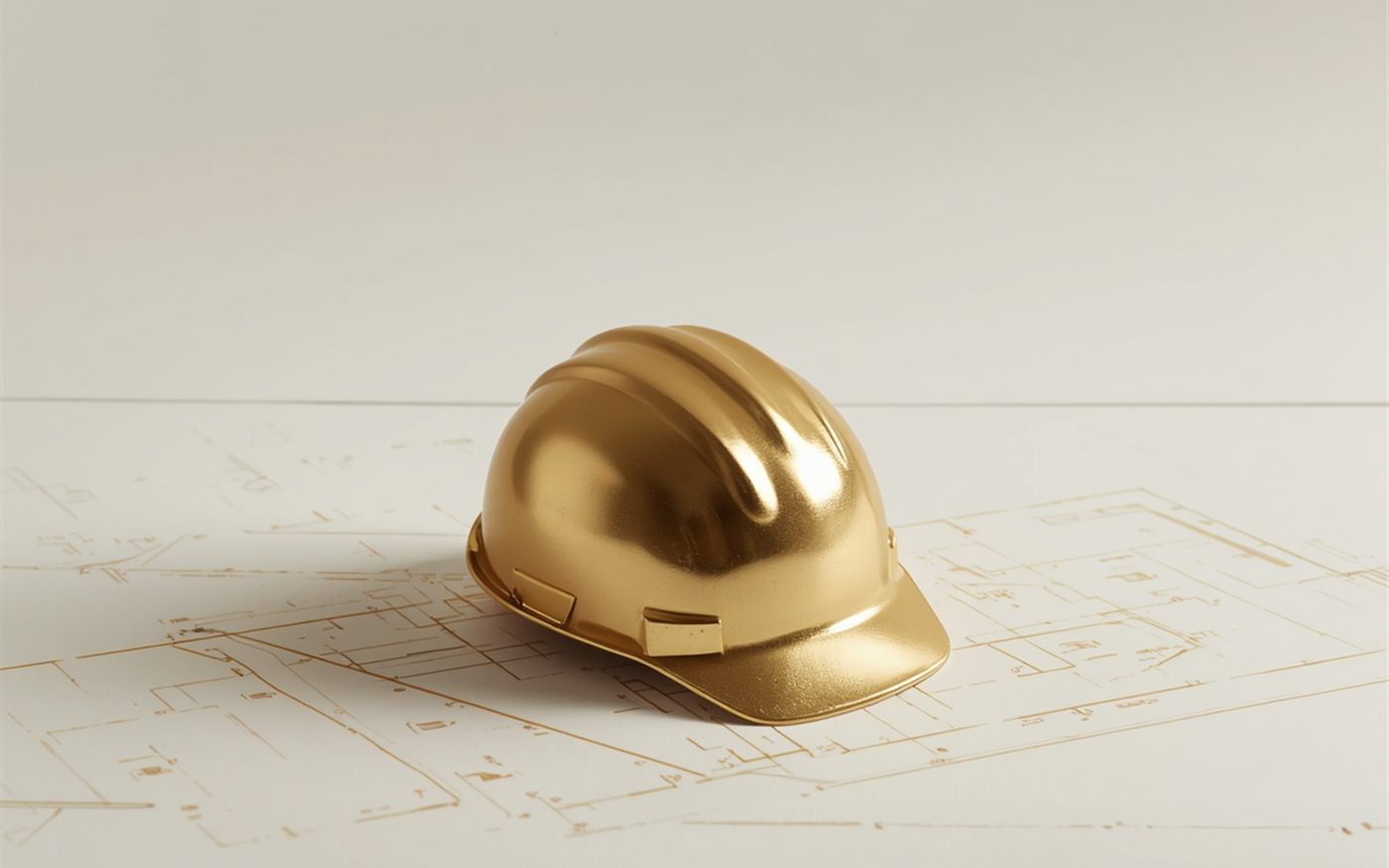 Casco de obra dorado sobre un plano arquitectónico