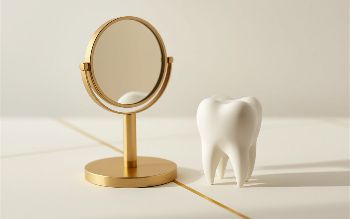 Espejo dental dorado junto a una escultura de diente