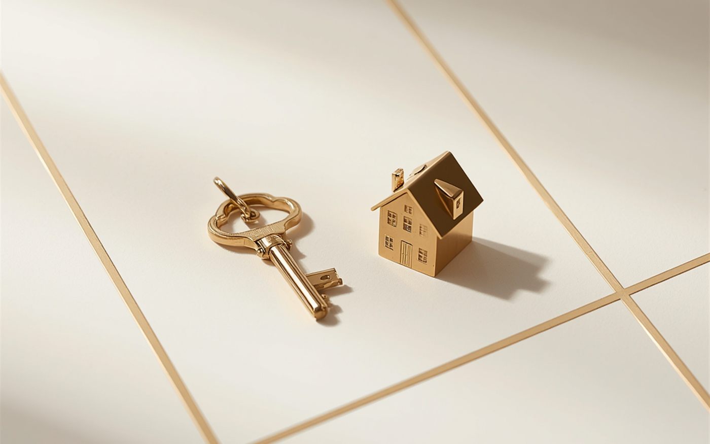 Llave y casa en miniatura doradas sobre una superficie marfil