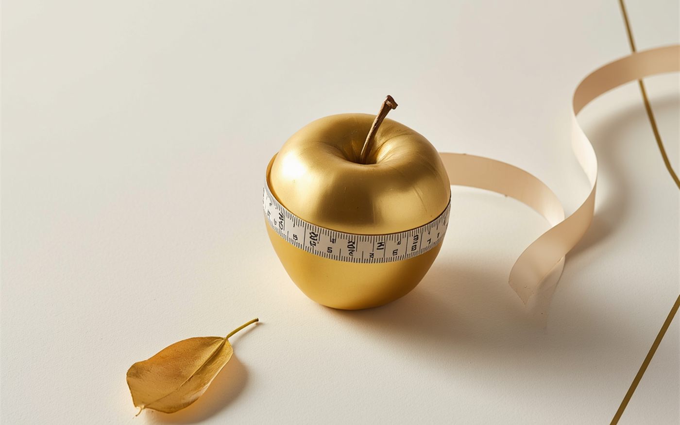 Manzana dorada con cinta métrica y una hoja dorada