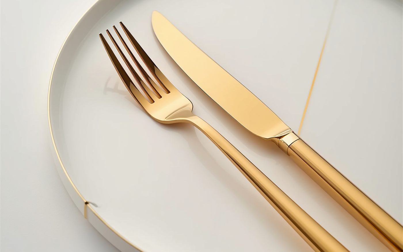 Tenedor y cuchillo dorados sobre un plato blanco